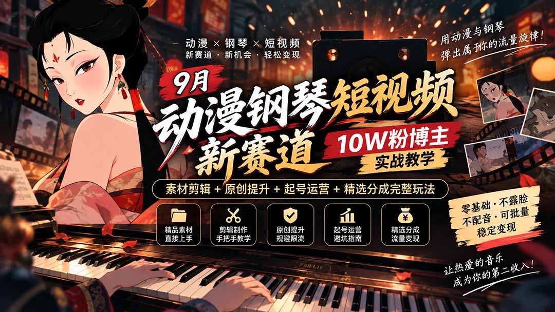 9月动漫钢琴短视频新赛道｜10W粉博主实战教学，素材剪辑+原创提升+起号运营+精选分成完整玩法-网赚项目平台