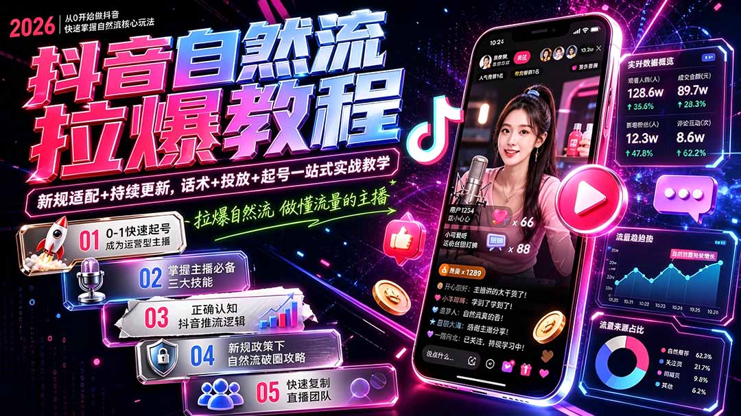 抖音自然流拉爆教程-更新7月：做懂流量的主播，新规适配+持续更新，话术+投放+起号一站式实战教学-网赚项目平台