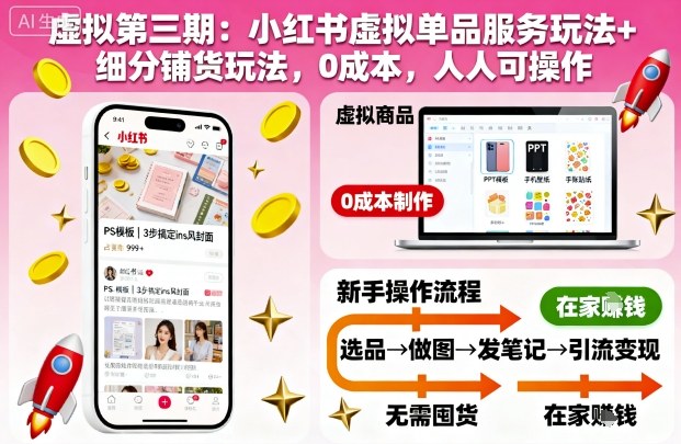 虚拟第三期:小红书虚拟单品服务玩法+细分铺货玩法,0成本,人人可操作-网赚项目平台