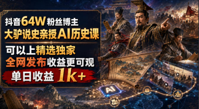 抖音64W粉丝博主大驴说史亲授AI历史课,可以上精选独家,全网发布收益更可观,单日收益1k+(更新)-网赚项目平台