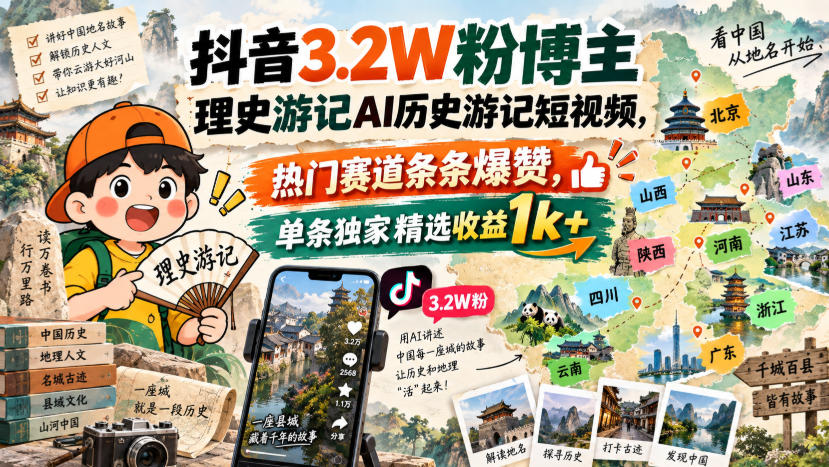 抖音3.2W粉博主理史游记AI历史游记短视频教学,热门赛道条条爆赞,单条独家精选收益1k+-网赚项目平台