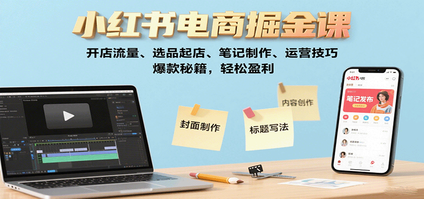 小红书电商掘金课：开店流量、选品起店、笔记制作、运营技巧，爆款秘籍，轻松盈利-网赚项目平台