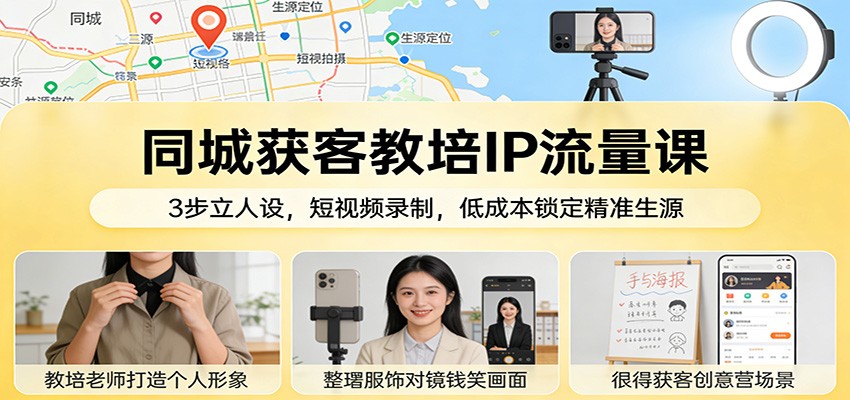 同城获客教培IP流量课：3步立人设，短视频录制，低成本锁定精准生源-网赚项目平台