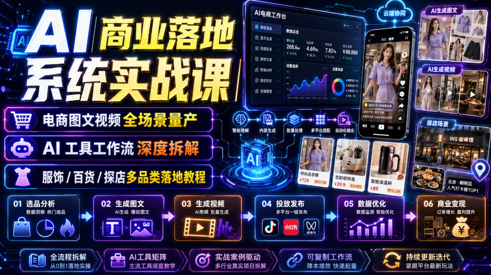 AI商业落地系统实战课|电商图文视频全场景量产・AI工具工作流深度拆解・服饰/百货/探店多品类落地教程-网赚项目平台