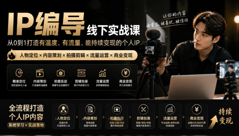 【无水印】IP编导线下实战课,从人物定位到短视频拍摄剪辑,全流程打造有温度、有流量、能持续变现的个人IP内容-网赚项目平台