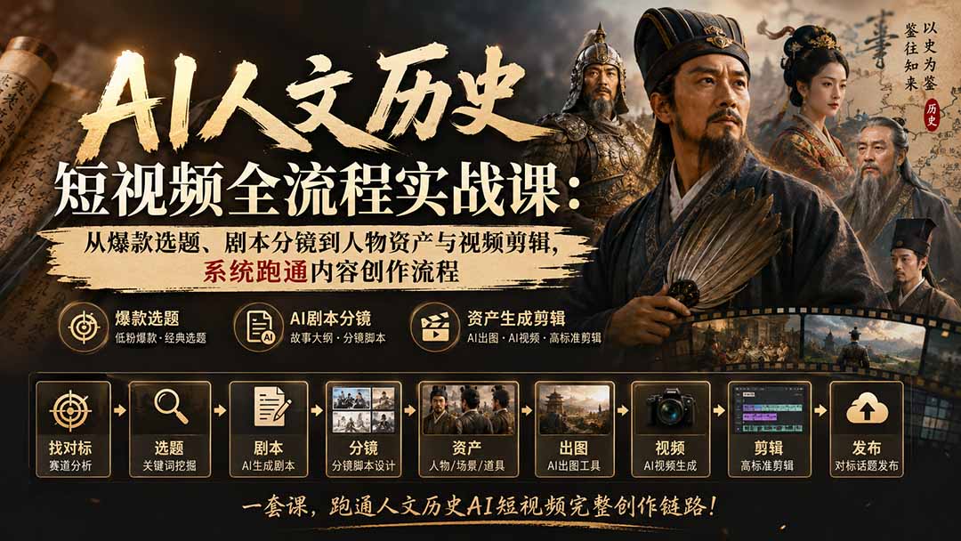 AI人文历史短视频全流程实战课-更新：从爆款选题、剧本分镜到人物资产与视频剪辑，系统跑通内容创作流程-网赚项目平台