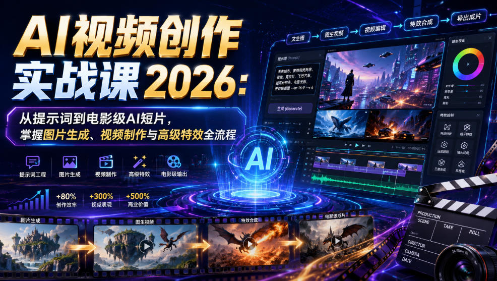 AI视频创作实战课2026：从提示词到电影级AI短片，掌握图片生成、视频制作与高级特效全流程-网赚项目平台
