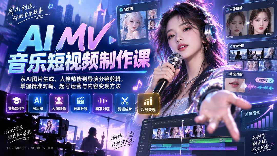 AI MV音乐短视频制作课：从AI图片生成、人像精修到导演分镜剪辑，掌握精准对嘴、起号运营与内容变现方法-网赚项目平台