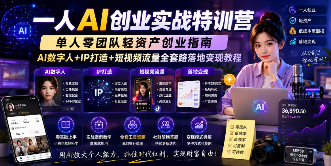 一人AI创业实战特训营，单人零团队轻资产创业指南，AI数字人+IP打造+短视频流量全套路落地变现教程-网赚项目平台