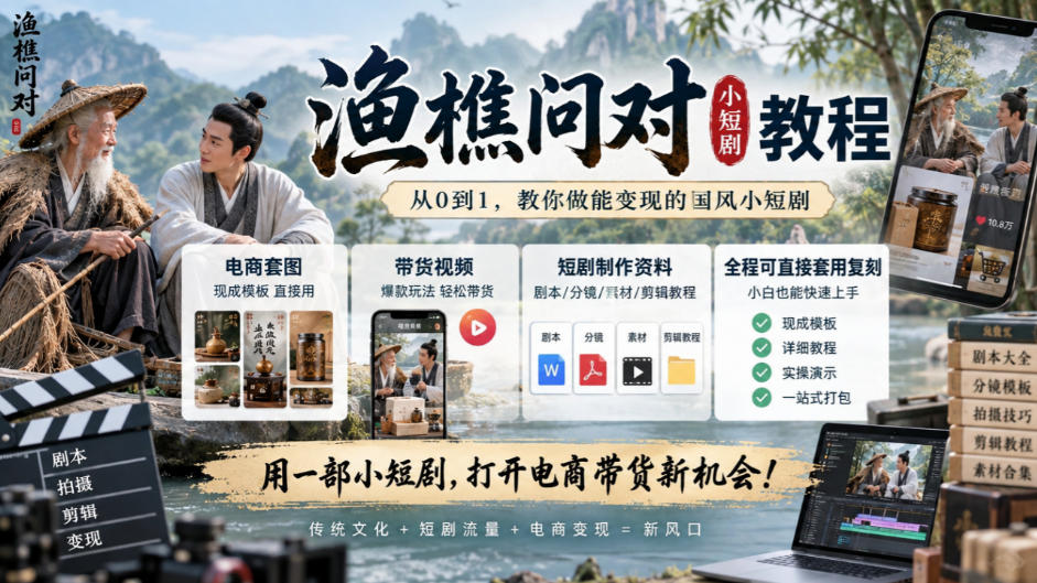 渔樵问对小短剧教程,包含电商套图、带货视频,短剧制作资料,全程可直接套用复刻-网赚项目平台