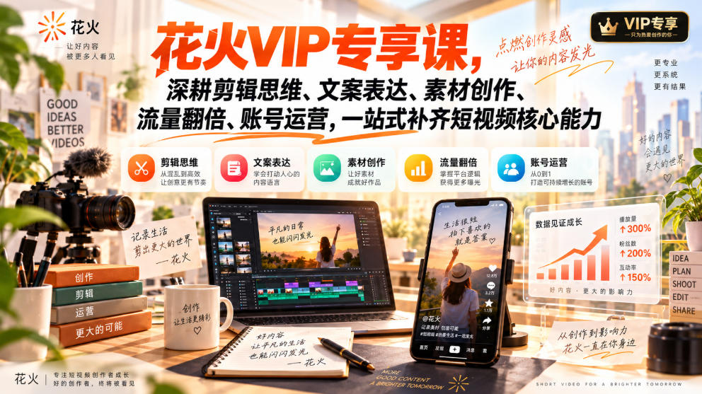 花火VIP专享课,深耕剪辑思维、文案表达、素材创作、流量翻倍、账号运营,一站式补齐短视频核心能力-网赚项目平台