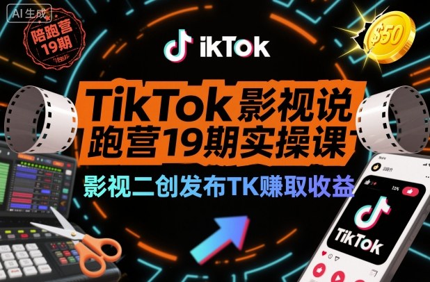 TikTok影视解说陪跑营19期实操课，影视二创发布TK賺取收益，万播收益50美金(更新)-网赚项目平台