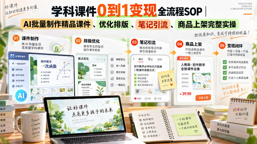 学科课件0到1变现全流程SOP｜AI批量制作精品课件、优化排版、笔记引流、商品上架完整实操​-网赚项目平台