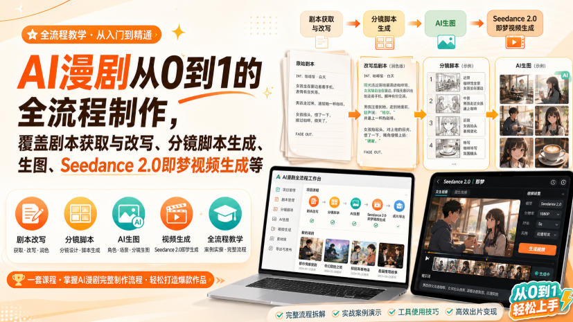 AI漫剧从0到1的全流程制作，覆盖剧本获取与改写、分镜脚本生成、角色场景生图与三视图、Seedance 2.0即梦视频生成(PDF版)-网赚项目平台