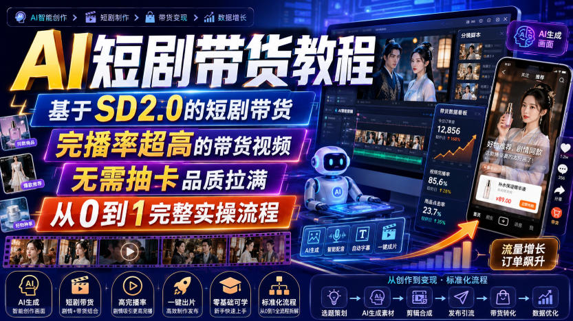 AI短剧带货教程，基于SD2.0的短剧带货，完播率超高的带货视频，无需抽卡品质拉满，从0到1完整实操流程-网赚项目平台