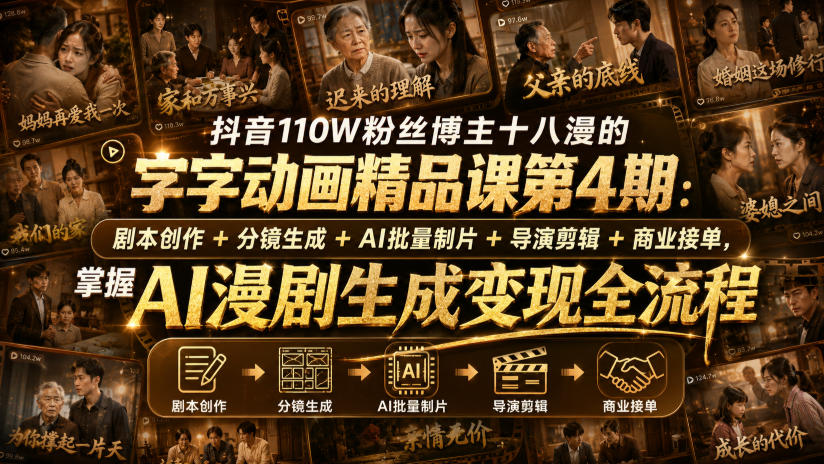 抖音110W粉丝博主十八漫的字字动画精品课第4期：剧本创作+分镜生成+剪辑+商业接单，掌握AI漫剧生成变现全流程(更新0916)-网赚项目平台