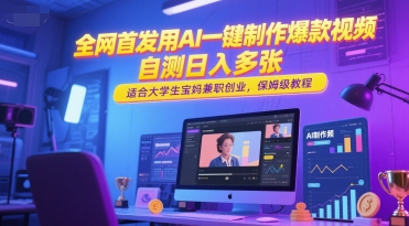 全网首发用AI一键制作爆款视频，自测日入多张，适合大学生宝妈兼职创业，保姆级教程-网赚项目平台
