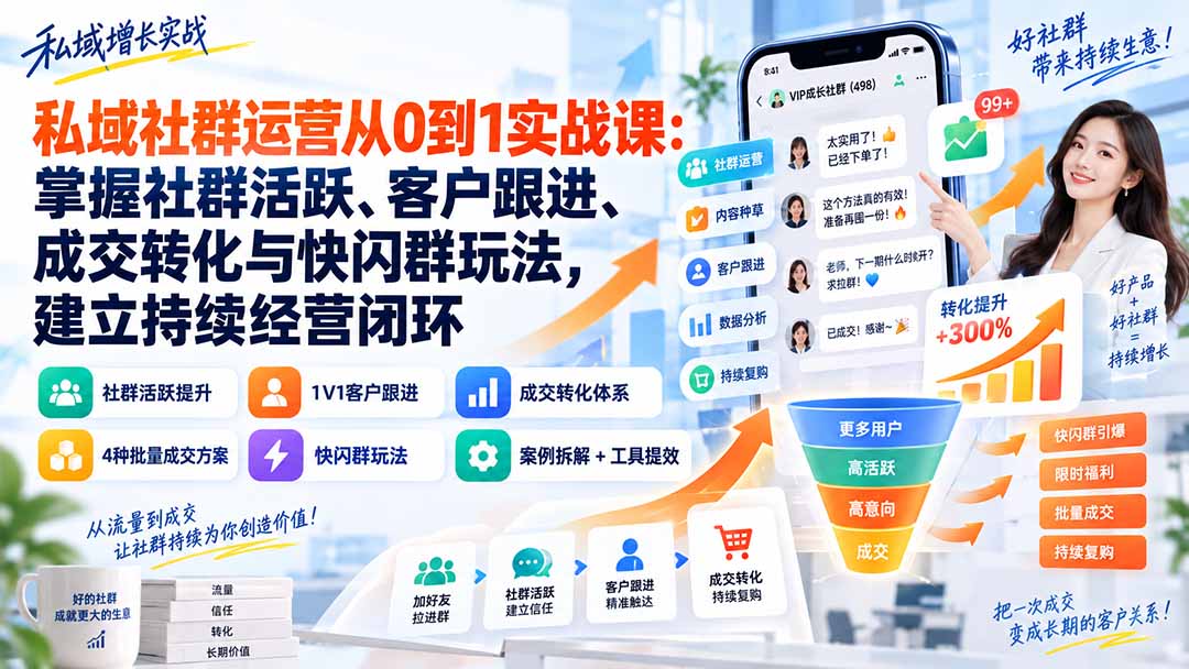 私域社群运营从0到1实战课：掌握社群活跃、客户跟进、成交转化与快闪群玩法，建立持续经营闭环-网赚项目平台