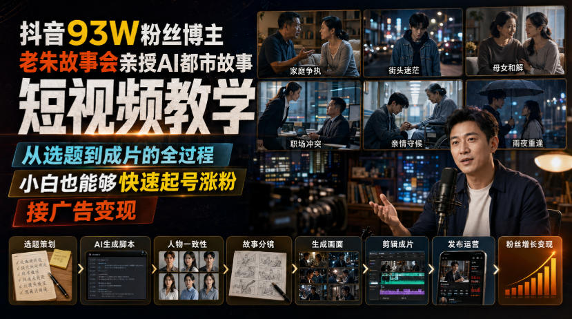 抖音93W粉丝博主老朱故事会亲授AI都市故事短视频教学，从选题到成片的全过程，小白也能够快速起号涨粉接广告变现-网赚项目平台