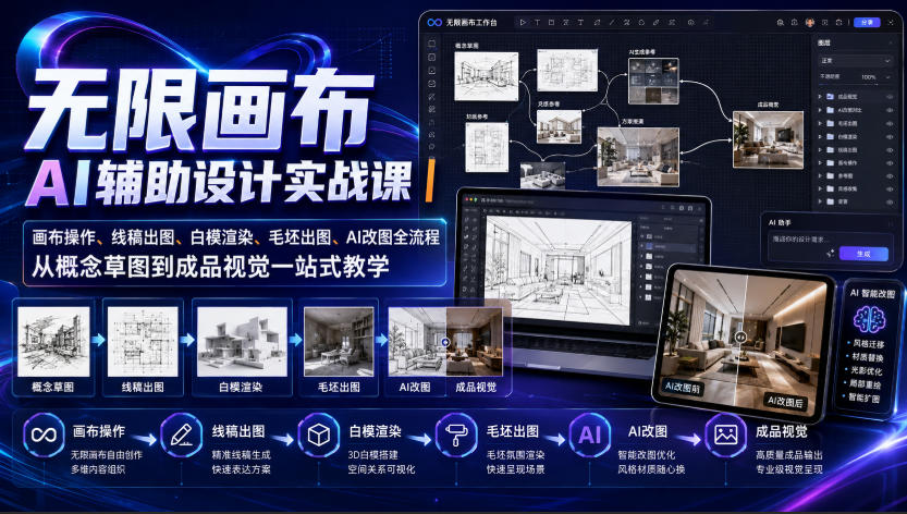无限画布AI辅助设计实战课｜画布操作、线稿出图、白模渲染、毛坯出图、AI改图全流程，从概念草图到成品视觉一站式教学-网赚项目平台