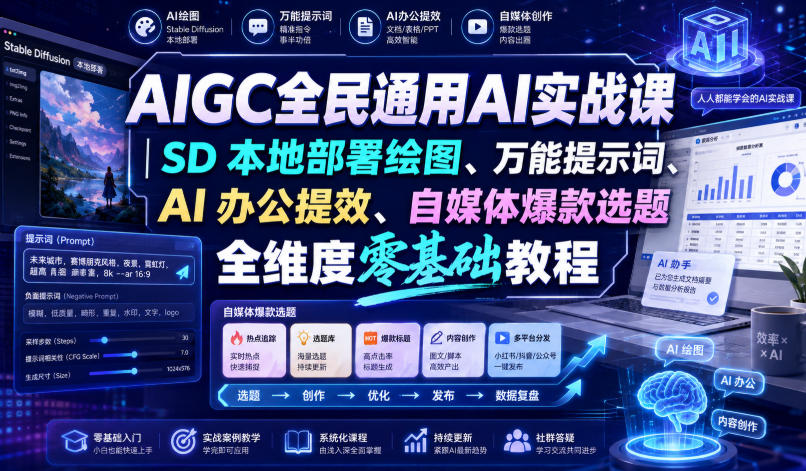 AIGC全民通用AI实战课｜SD本地部署绘图、万能提示词、AI办公提效、自媒体爆款选题全维度零基础教程-网赚项目平台
