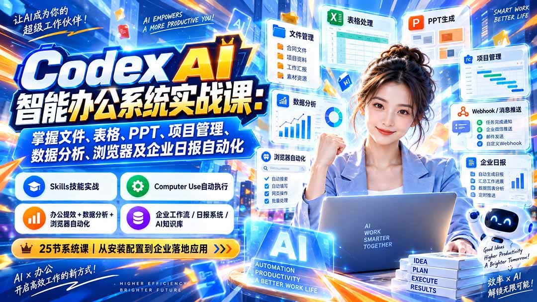 Codex AI智能办公系统实战课:掌握文件、表格、PPT、项目管理、数据分析、浏览器及企业日报自动化-网赚项目平台