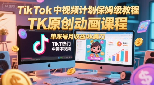 TikTok中视频计划保姆级教程，TK原创动画课程，单账号月收益4k美刀-网赚项目平台