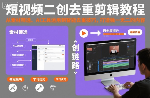短视频二创去重剪辑教程，从素材筛选、AI工具运用到智能去重技巧，打造独一无二的内容-网赚项目平台