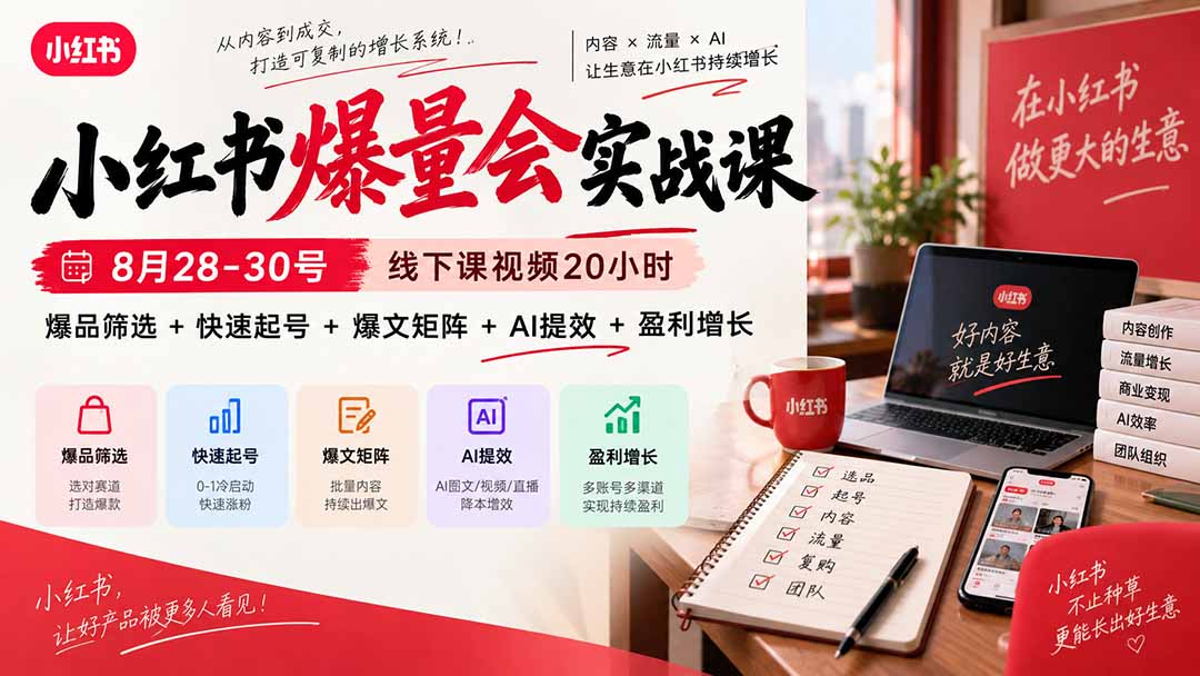 小红书爆量会实战课-更新9月23：线下课视频20小时，爆品筛选+快速起号+爆文矩阵+AI提效+盈利增长-网赚项目平台
