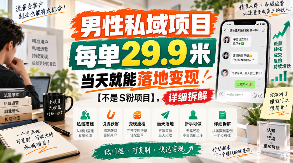 男性私域项目，每单29.9米，当天就能落地变现【不是S粉项目】，详细拆解-网赚项目平台