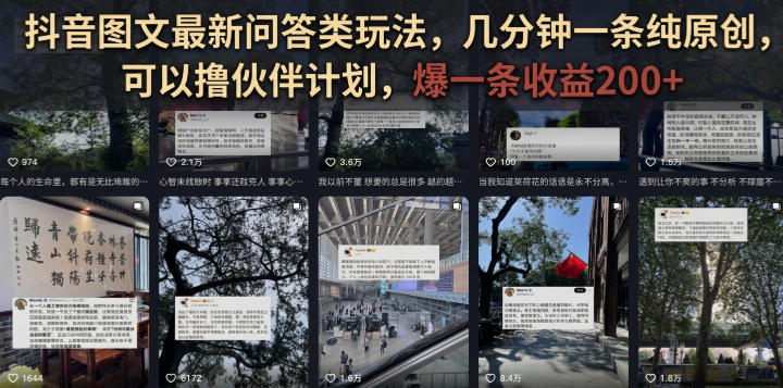 抖音图文最新问答类玩法，几分钟一条纯原创，可以撸伙伴计划，爆一条收益200+-网赚项目平台