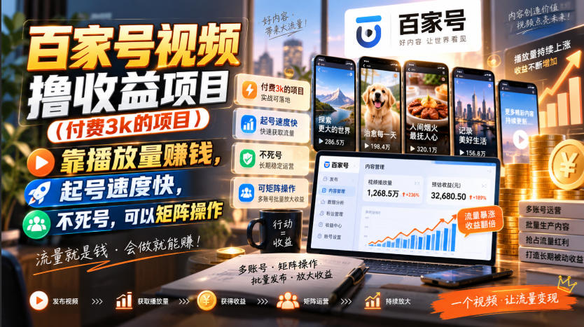 百家号视频撸收益项目(付费3k的项目),靠播放量賺钱,起号速度快,不死号,可以矩阵操作-网赚项目平台