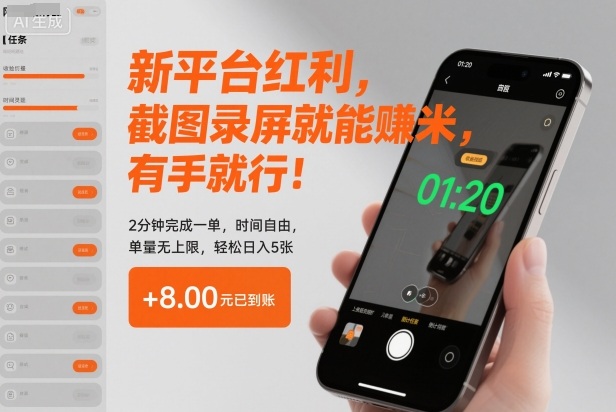 新平台红利，截图录屏就能賺米，有手就行！2分钟完成一单，时间自由，单量无上限，轻松日入5张【揭秘】-网赚项目平台