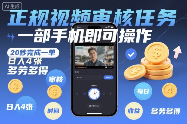 正规视频审核任务,一部手机即可操作,20秒完成一单,日入4张,多劳多得【揭秘】-网赚项目平台