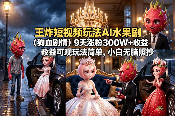 王炸短视频玩法AI水果剧(狗血剧情)9天涨粉300W+收益可观玩法简单，小白无脑照抄，详细拆解玩法-网赚项目平台