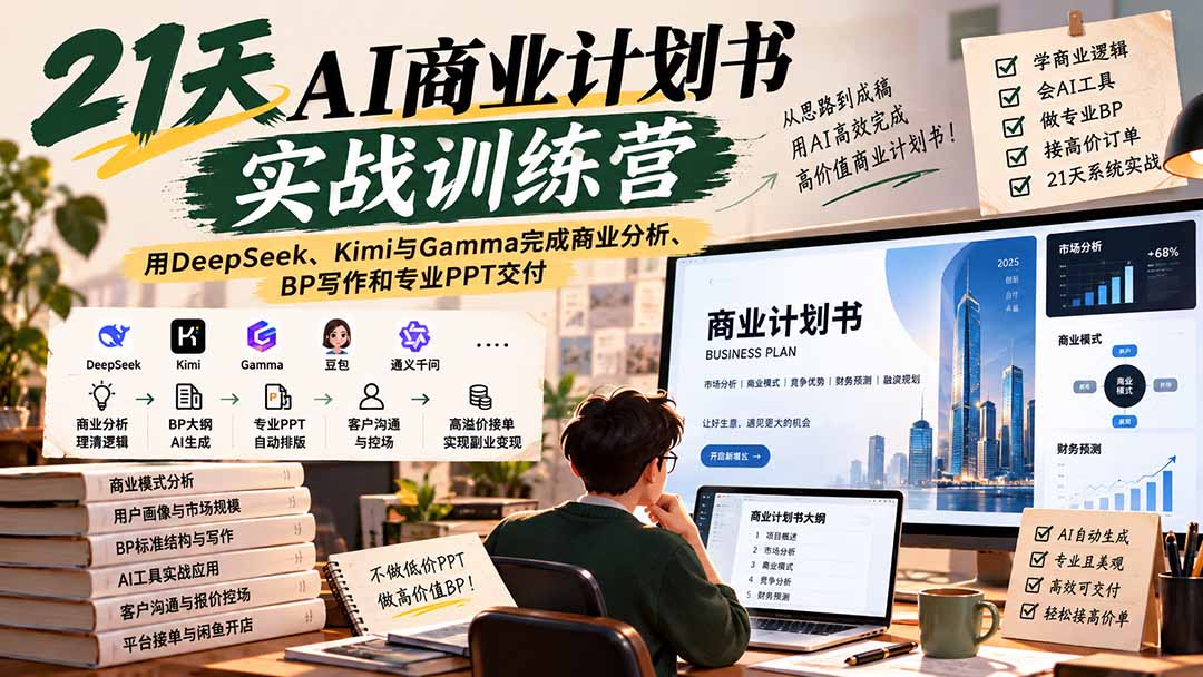 【无水印】21天AI商业计划书实战训练营：用DeepSeek、Kimi与Gamma完成商业分析、BP写作和专业PPT交付-网赚项目平台