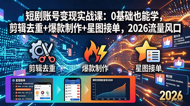 短剧账号变现实战课：0基础也能学，剪辑去重+爆款制作+星图接单，2026流量风口-网赚项目平台