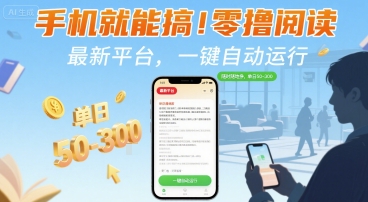 手机就能搞！零撸阅读挂G，最新平台，一键自动运行，随时随地挣，单日50-3张+【揭秘】-网赚项目平台