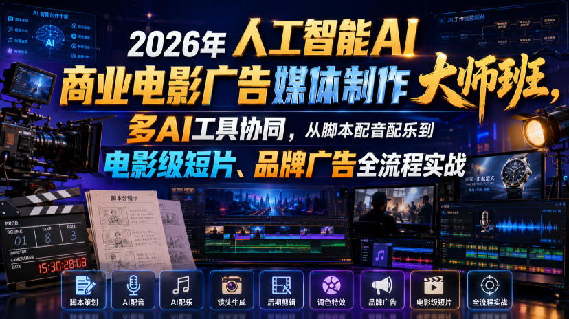 2026年人工智能AI商业电影广告媒体制作大师班，多AI工具协同，从脚本配音配乐到电影级短片、品牌广告全流程实战(中英字幕)-网赚项目平台