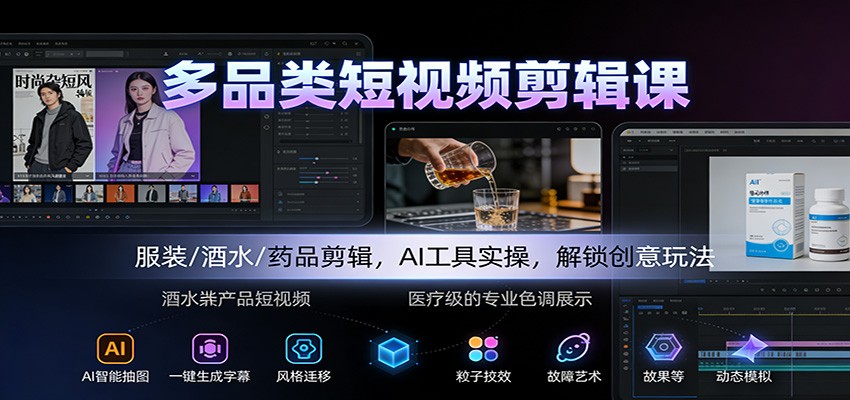 多品类短视频剪辑课:服装/酒水/药品剪辑,AI工具实操,解锁创意玩法-网赚项目平台