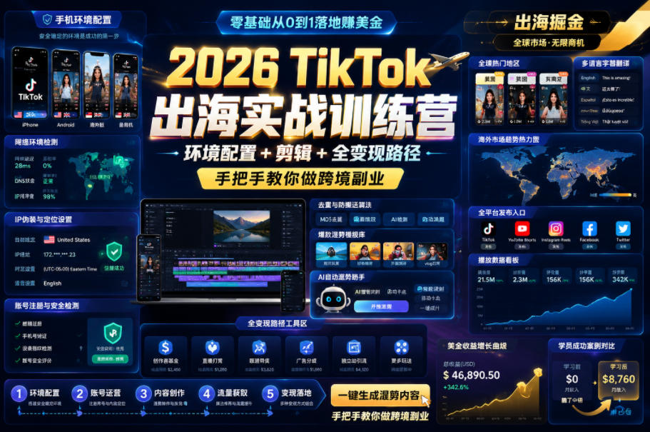 2026 TikTok出海实战训练营,环境配置 + 剪辑 + 全变现路径,手把手教你做跨境副业-网赚项目平台