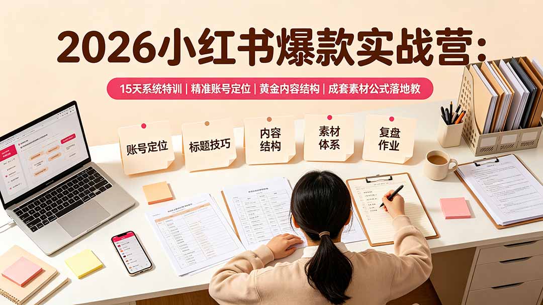 2026小红书爆款实战营：15天系统特训｜精准账号定位｜黄金内容结构｜成套素材公式落地教程-网赚项目平台