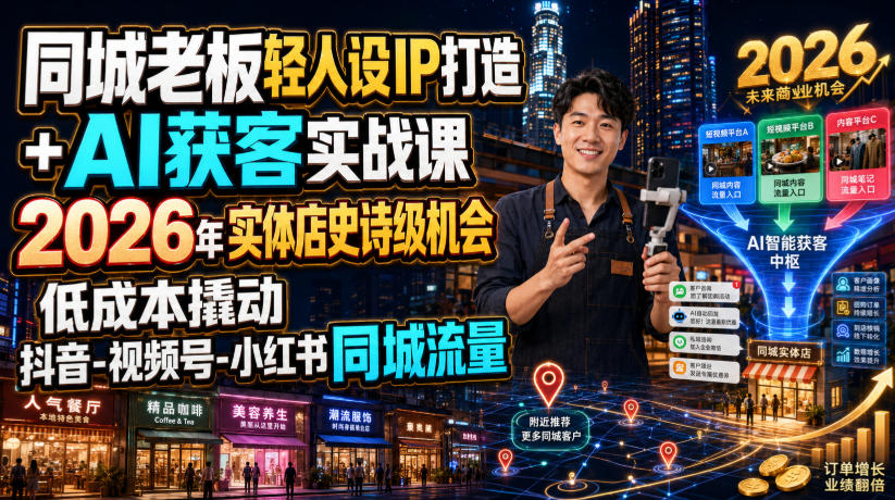 同城老板轻人设IP打造+AI获客实战课，2026年实体店史诗级机会，低成本撬动抖音-视频号-小红书同城流量-网赚项目平台