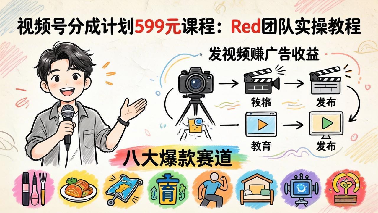 视频号分成计划599元课程：Red团队实操教程，发视频赚广告收益，八大爆款赛道全掌握-网赚项目平台
