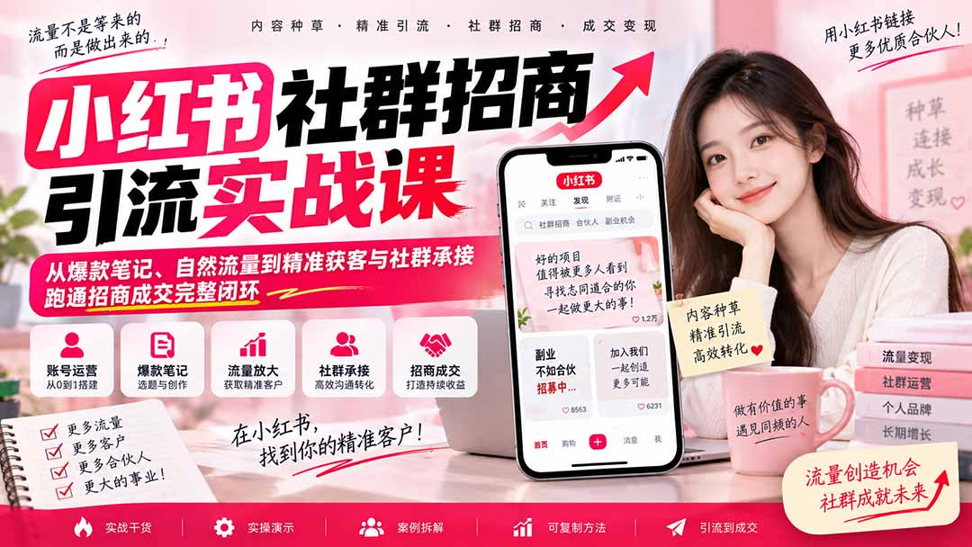 小红书社群招商引流实战课-无水印：从爆款笔记、自然流量到精准获客与社群承接，跑通招商成交完整闭环-网赚项目平台