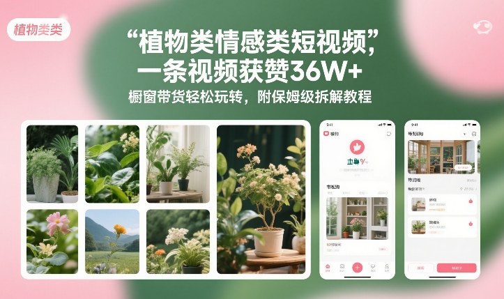 植物类情感类短视频，一条视频获赞36W+，橱窗带货轻松玩转，附保姆级拆解教程-网赚项目平台