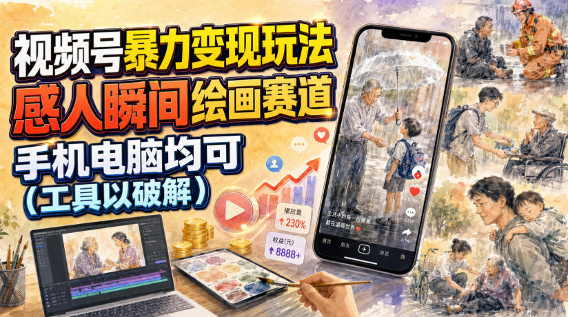 视频号暴力变现玩法,感人瞬间绘画赛道,手机电脑均可-网赚项目平台