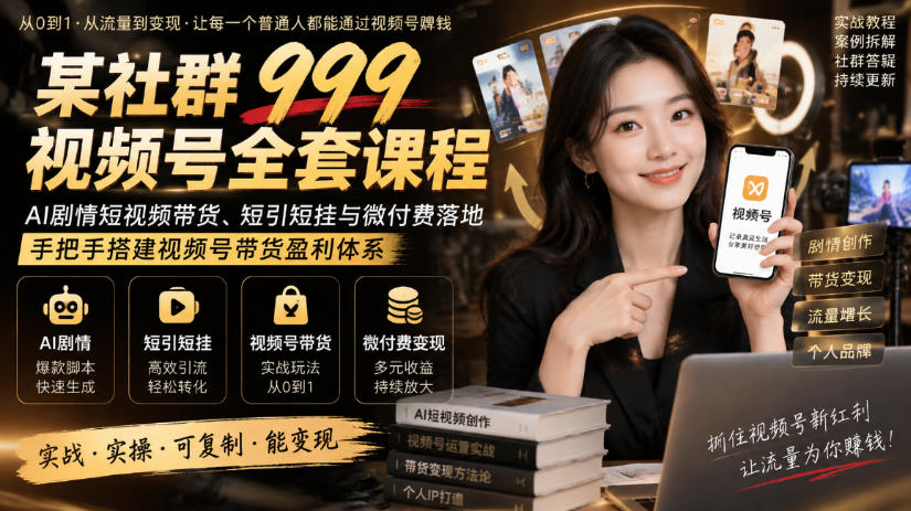 某社群999视频号全套课程，AI剧情短视频带货、短引短挂与微付费落地，手把手搭建视频号带货盈利体系-网赚项目平台