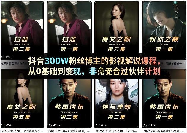 抖音300W粉丝博主的影视解说课程，从0基础到变现，非常适合过伙伴计划-网赚项目平台