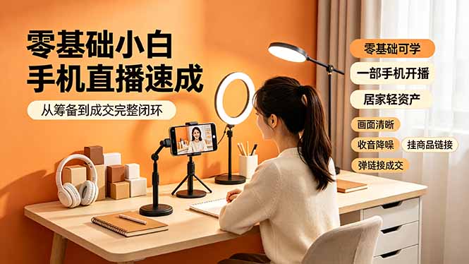 零基础小白手机直播速成，从筹备到成交完整闭环，适配苹果安卓系统，解决杂音卡顿留人难问题-网赚项目平台